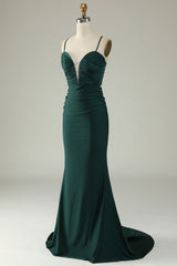 Mermaid Spaghetti Straps Dark Green Long Prom Dress