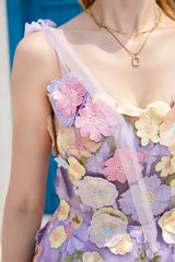 Purple A Line Tea Length Prom Dress with 3D Flowers
