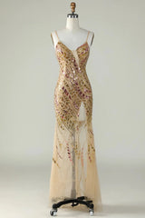 Wholesale Sparkly Sequin Gold Mermaid Spaghetti Straps Long Tulle Prom Dress With Split prom clothing