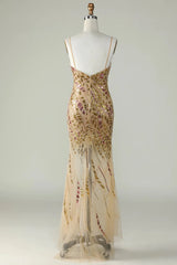 Wholesale Sparkly Sequin Gold Mermaid Spaghetti Straps Long Tulle Prom Dress With Split prom clothing