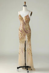 Wholesale Sparkly Sequin Gold Mermaid Spaghetti Straps Long Tulle Prom Dress With Split prom clothing
