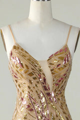 Wholesale Sparkly Sequin Gold Mermaid Spaghetti Straps Long Tulle Prom Dress With Split prom clothing