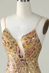 Wholesale Sparkly Sequin Gold Mermaid Spaghetti Straps Long Tulle Prom Dress With Split prom clothing