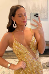 Wholesale Sparkly Sequin Gold Mermaid Spaghetti Straps Long Tulle Prom Dress With Split prom clothing