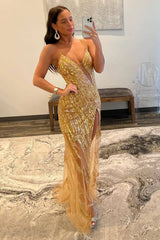 Wholesale Sparkly Sequin Gold Mermaid Spaghetti Straps Long Tulle Prom Dress With Split prom clothing