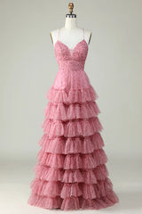 Wholesale Pink A Line Spaghetti Straps Lace Up Long Tiered Prom Dress prom dresses shops
