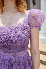 A Line Purple Printed Homecoming Dress with Ruffles