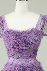 Floral A Line Purple Homecoming Dress with Ruffles