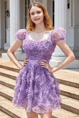 A Line Purple Printed Homecoming Dress with Ruffles
