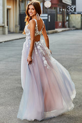 Grey Pink A Line Deep V Neck Long Prom Dress with Appliques