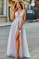 Grey Pink A Line Deep V Neck Long Prom Dress with Appliques