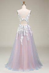 Gorgeous A Line Deep V Neck Grey Pink Long Prom Dress with Appliques
