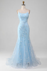 Mermiad Blush Spaghetti Straps Prom Dress with Appliques