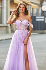 Off The Shoulder Light Purple A-Line Beaded Corset Prom Dress