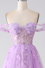 Light Purple A-Line Off The Shoulder Beaded Corset Prom Dress