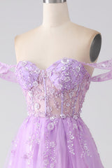 Light Purple A-Line Off The Shoulder Beaded Corset Prom Dress
