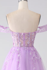 Light Purple A-Line Off The Shoulder Beaded Corset Prom Dress