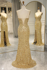 Wholesale Gold Sequin Spaghetti Straps Lace Up Long Prom Dress with Fringe And Split prom clothing