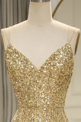 Wholesale Gold Sequin Spaghetti Straps Lace Up Long Prom Dress with Fringe And Split prom clothing