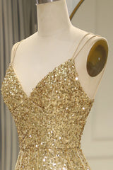 Wholesale Gold Sequin Spaghetti Straps Lace Up Long Prom Dress with Fringe And Split prom clothing