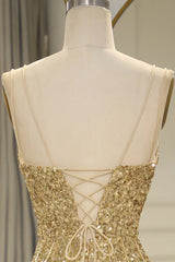 Wholesale Gold Sequin Spaghetti Straps Lace Up Long Prom Dress with Fringe And Split prom clothing