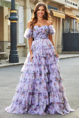 Gorgeous A Line Off the Shoulder Lavender Printed Long Prom Dress with Ruffles