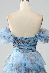 Gorgeous A Line Off the Shoulder Lavender Printed Long Prom Dress with Ruffles