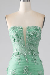 Green Mermaid Strapless Tulle Long Prom Dress with Appliques