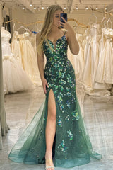 Wholesale Sparkly Dark Green Mermaid Long Prom Dress With Slit And Beading prom dresses with long sleeves