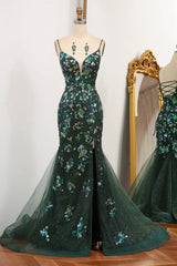 Wholesale Sparkly Dark Green Mermaid Long Prom Dress With Slit And Beading prom dresses with long sleeves