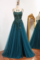 Wholesale Glitter Dark Green A-Line Tulle Long Appliqued Prom Dress With Slit prom dresses shops
