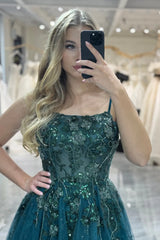 Wholesale Dark Green A-Line Spaghetti Straps Long Prom Dress With Slit And Beading prom dresses with long sleeves