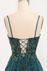 Wholesale Glitter Dark Green A-Line Tulle Long Appliqued Prom Dress With Slit prom dresses shops