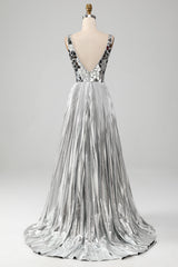 Sparkly A-Line V-Neck Silver Mirror Prom Dress with Slit