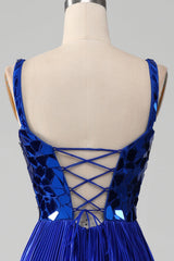 Sparkly Lace-Up Back Royal Blue Prom Dress with Slit