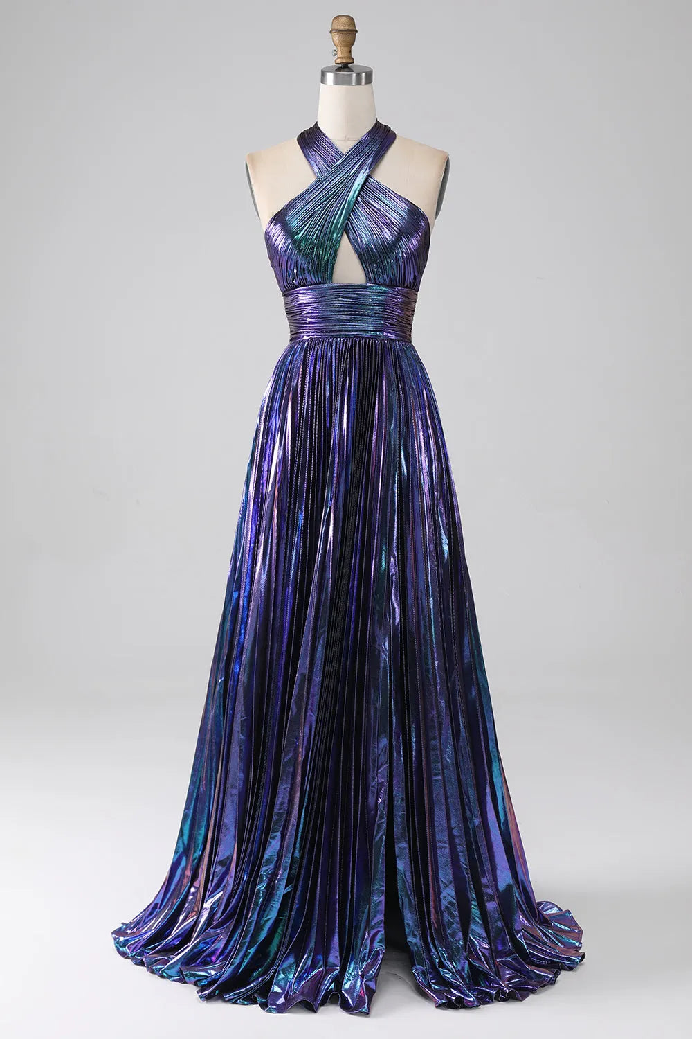Wholesale Dark Blue Halter Neck A-Line Long Bright Prom Dress With Split long prom dresses with sleeves