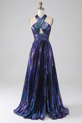 Wholesale Dark Blue Halter Neck A-Line Long Bright Prom Dress With Split long prom dresses with sleeves