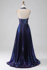 Wholesale Dark Blue Halter Neck A-Line Long Bright Prom Dress With Split long prom dresses with sleeves