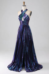 Wholesale Dark Blue Halter Neck A-Line Long Bright Prom Dress With Split long prom dresses with sleeves