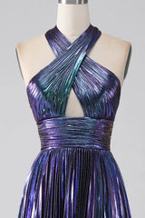 Wholesale Dark Blue Halter Neck A-Line Long Bright Prom Dress With Split long prom dresses with sleeves