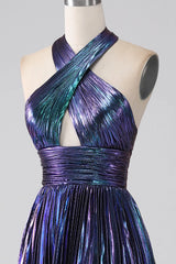 Wholesale Dark Blue Halter Neck A-Line Long Bright Prom Dress With Split long prom dresses with sleeves