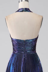 Wholesale Dark Blue Halter Neck A-Line Long Bright Prom Dress With Split long prom dresses with sleeves