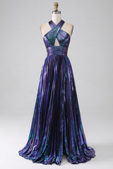 Stunning A Line Halter Neck Purple Long Prom Dress with Keyhole Split Front