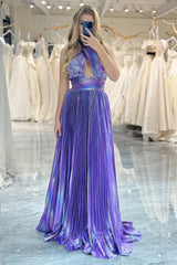 Wholesale Dark Purple A-Line Halter Long Metallic Prom Dress With Slit prom dresses shops