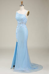 Stylish Mermaid Light Blue Long Prom Dress with Appliques
