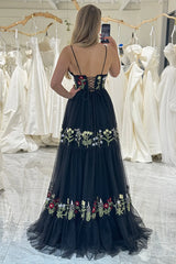 Wholesale Black A Line Lace Up Long Tulle Prom Dress With Embroidery prom dresses shops