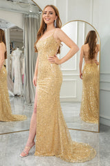 Wholesale Glitter Golden Mermaid Lace Up Long Sequin Prom Dress With Slit prom dresses shops