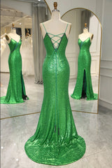 Spaghetti Straps Lace Up Long Prom Dress with Split Sparkly