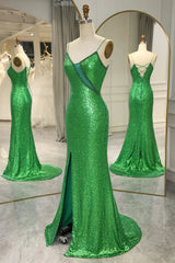 Spaghetti Straps Lace Up Long Prom Dress with Split Sparkly