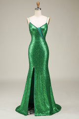 Sparkly Mermaid Spaghetti Straps Green Sequins Long Prom Dress with Split Front